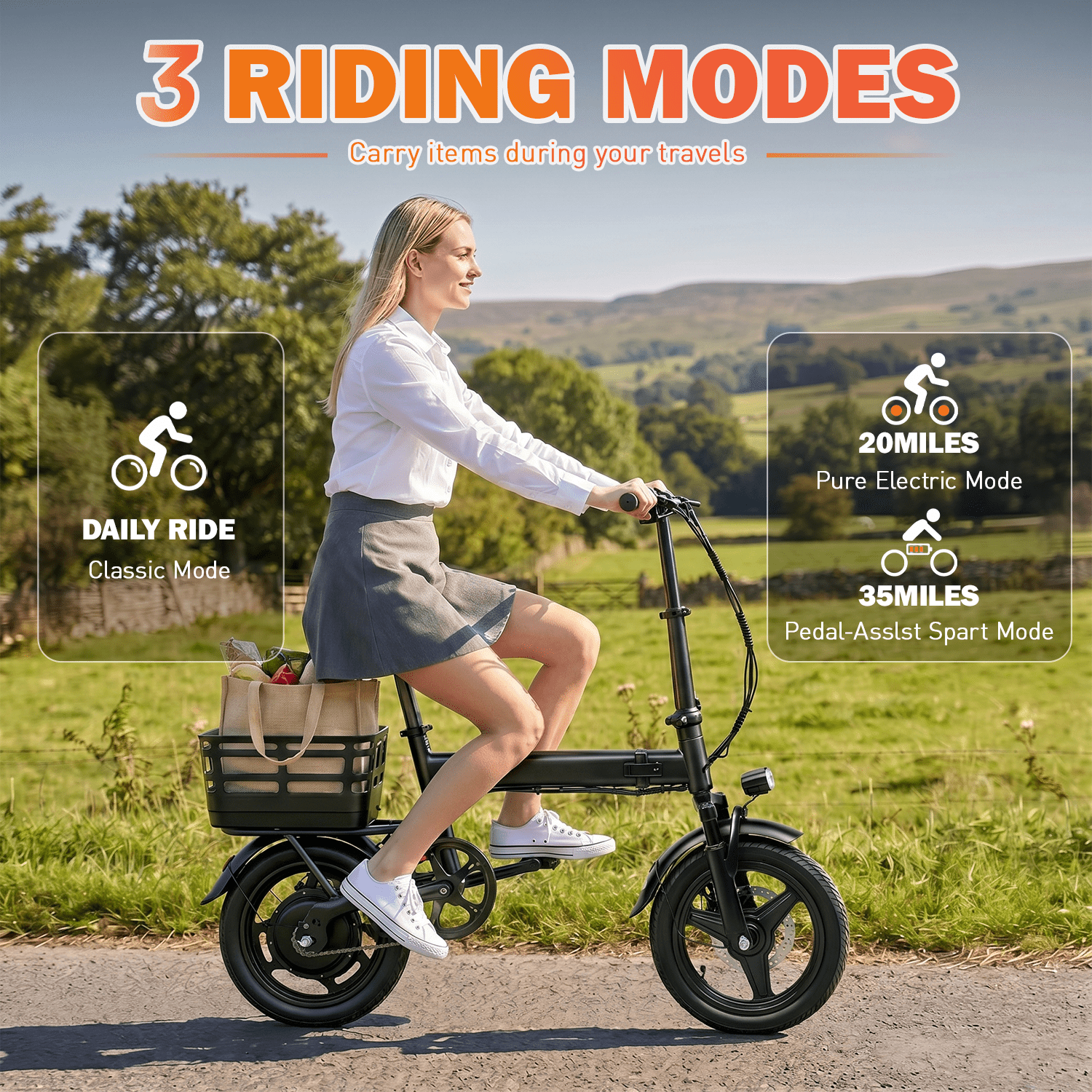 14 Foldable Electric Bike, 500W Peak Commuter Ebike for Adults, Mini Ebike with Basket, 480WH Battery, 18MPH & 20 Miles, UL2849 Electric Bikes