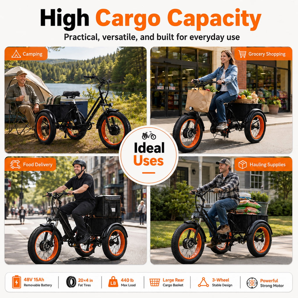 NOMIGO Electric Tricycle for Adults, 500W Motor, 48V 15Ah Battery, 20x4 Fat Tire 3-Wheel Electric Bike, 7-Speed, Rear Basket, Black Electric Bikes