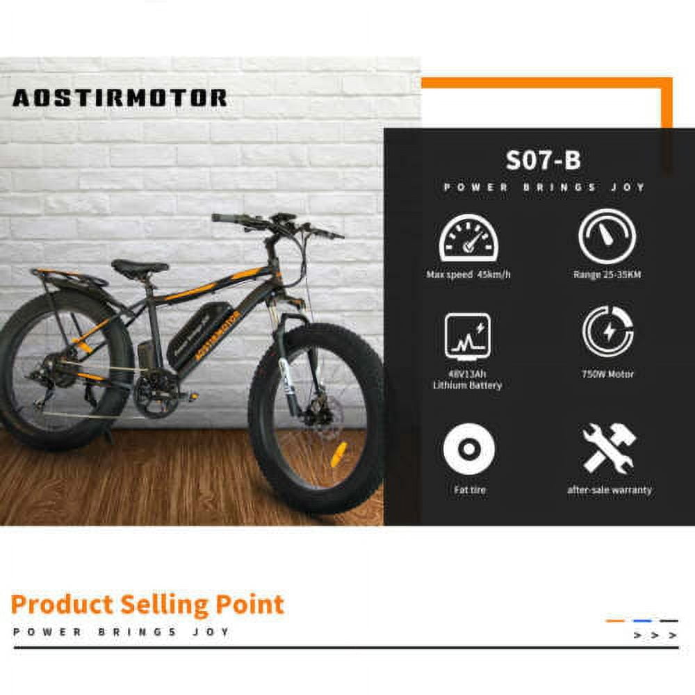 Aostirmotor Electric Mountain Bike, 750W Motor 48V 13AH Removable Lithium Battery Ebike with Rack, 26 4.0 inch Fat tire Bike, Electric Bicycle for Adults(Black)UL2849 Electric Bikes
