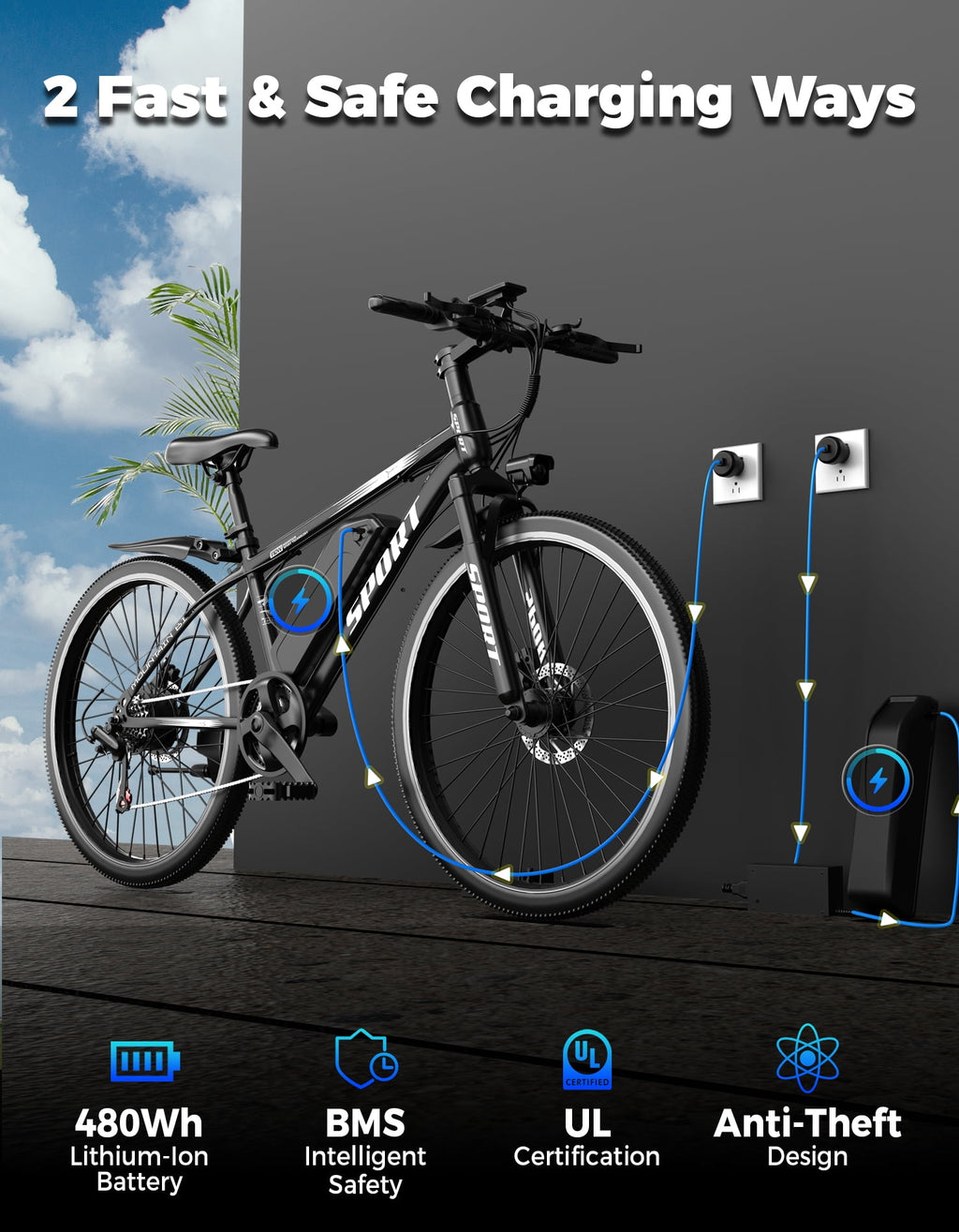 PostJoy Electric Mountain Bike 26 1200W Peak Motor, 65 Miles 28MPH Ebike, 480Wh Battery Electric Bicycle for Adults 7 Speed Electric Bicycles Front Fork Suspension Electric Bikes