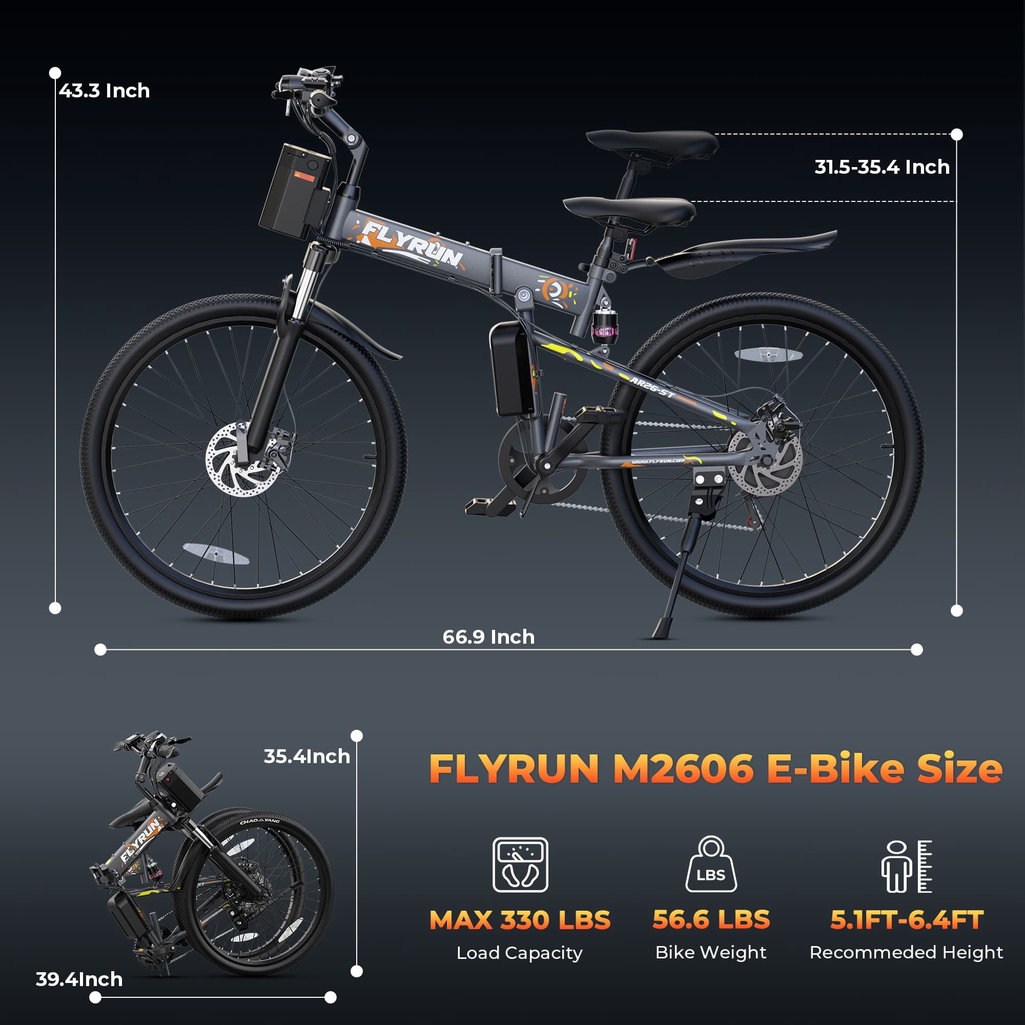 FLYRUN 26 Electric Bike for Adults,Foldable Ebike with Peak 750W Motor,20MPH,48V 374.4Wh Removable Battery,Full Suspension,7-Speed Gears,LCD Display,UL2849 Electric Bikes
